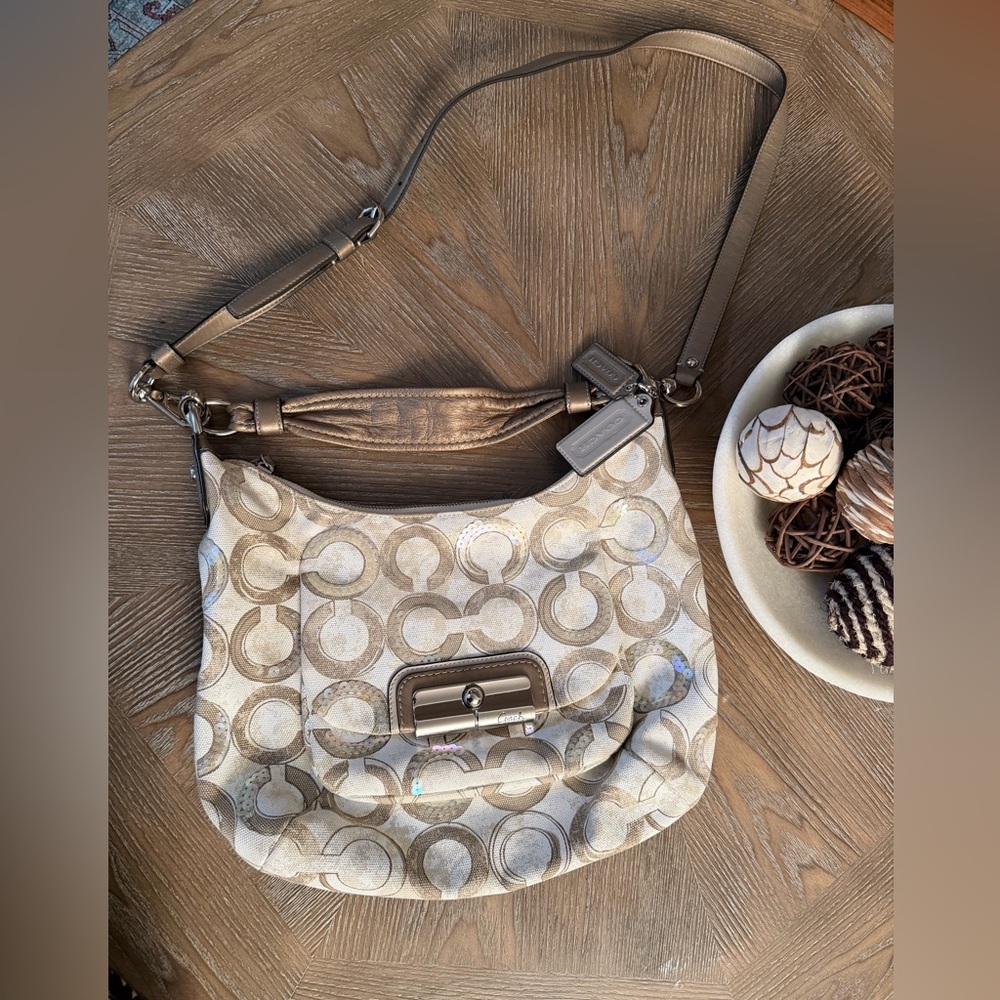 Coach Kristin Hobo Sequins Vintage Tan & Cream Shoulder Bag - Picture 6 of 14
